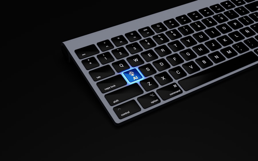 CorsiWeb.eu - La tastiera nera di un computer presenta un tasto blu con la scritta "AI" e l'icona di un robot, che simboleggia l'Intelligenza Artificiale tra i tasti neri standard.