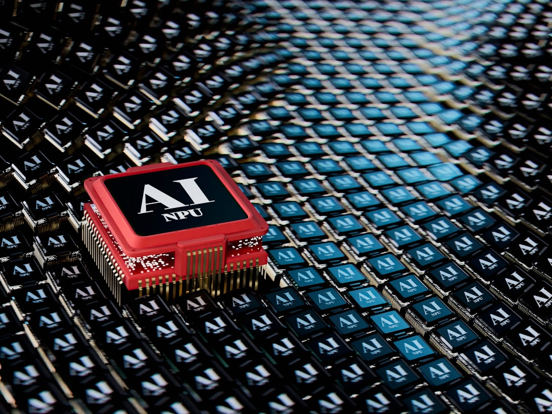 CorsiWeb.eu - Un microchip rosso con la dicitura AI NPU spicca tra molti microchip neri con la dicitura AI disposti a griglia.
